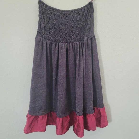 FREE PEOPLE Dress Purple Gold Metallic Strapless Floral Appliqué Ruffle Hem Sz 0 - Picture 3 of 7